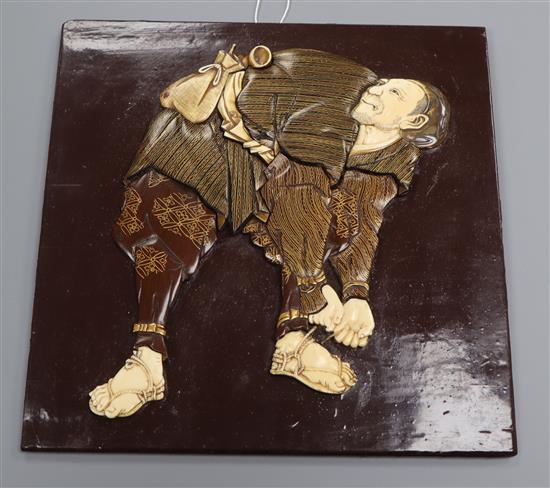 A Japanese Meiji period ivory and lacquer panel 23 x 23cm